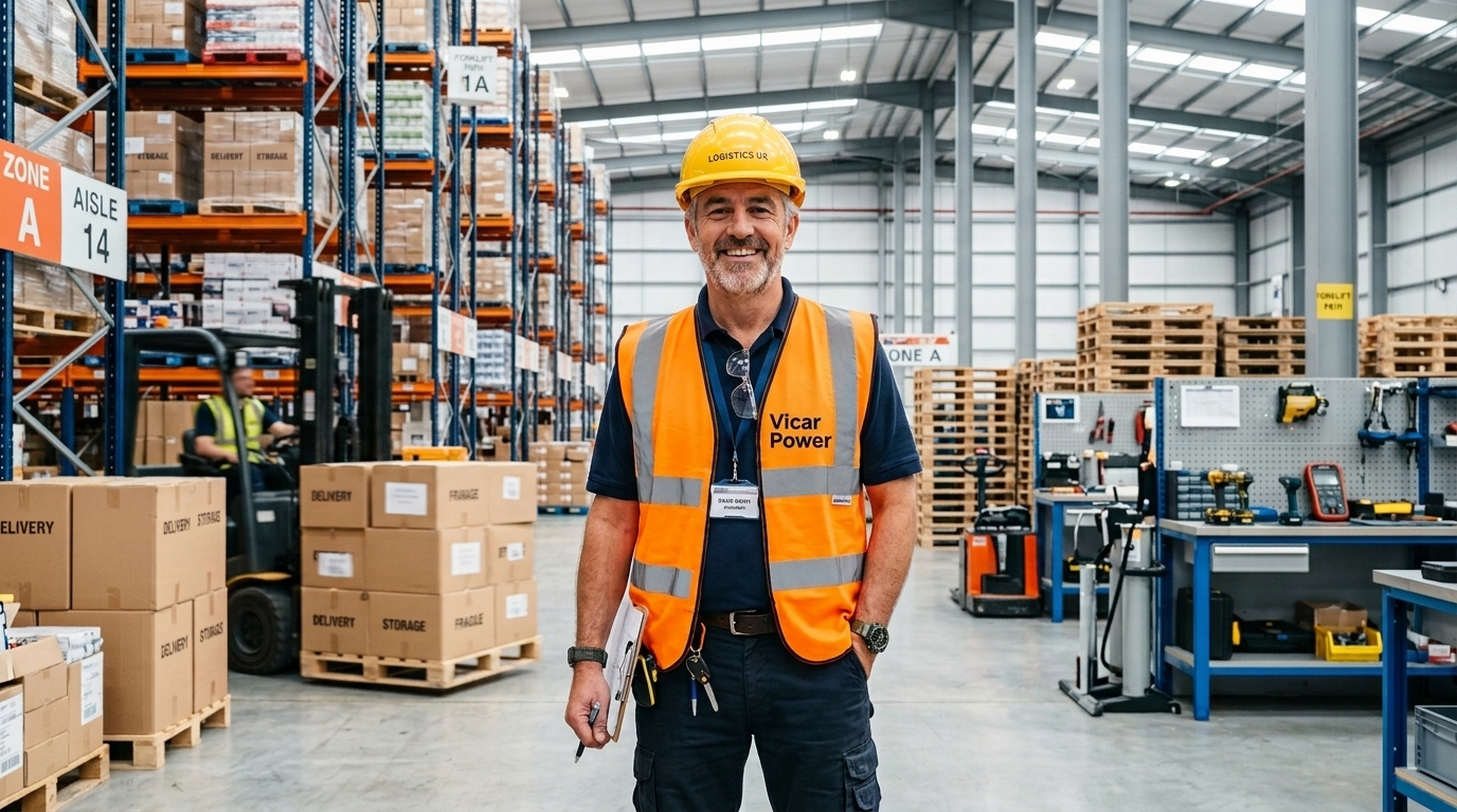 Smiling British Logistics Engineer in Modern Surplus Warehouse